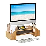 Relaxdays Monitorständer aus Bambus, Ablagen und Fächer, HBT: 16 x 57,5 x 25 cm, Bildschirmständer Schreibtisch,…
