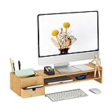 Relaxdays Monitorständer, Bambus, Schublade & 5 Fächer, HxBxT: 13 x 70 x 19 cm, Bildschirmständer Schreibtisch,…