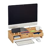 Relaxdays Monitorständer, aus Bambus, Ablagefach, 2 Schubladen, Erhöhung für Monitor, Laptop, HBT: 13…
