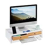 Relaxdays, weiß/Natur Monitorständer Bambus, Bildschirmerhöhung mit 2 Schubladen & Fächern, Lapdesk…